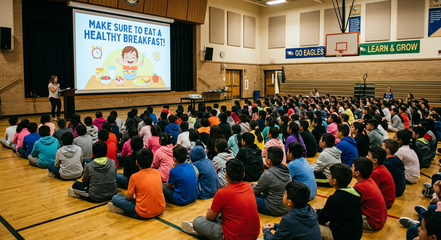 an elementary assembly of third to fifth grades sitting on a gym floor looking at a screen showing a slide deck with a slide stating “make sure to eat a healthy breakfast” with a graphic to match.