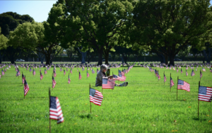 Woman sitting in a grassy field filled with American flags honoring fallen heroes for Memorial Day