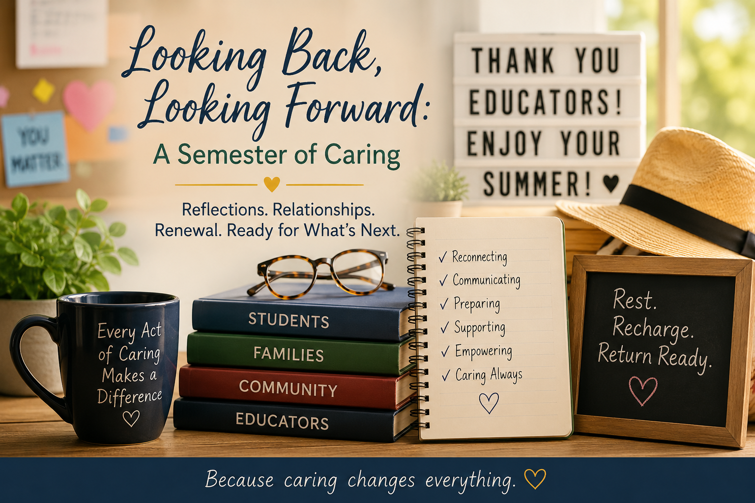 llustration of an educator's desk at the end of the school year, featuring books labeled Students, Families, Community, and Educators, a notebook with caring-centered goals, and summer-themed items. The image emphasizes reflection, relationships, and renewal as educators look back on a semester of supporting students and families and prepare for summer break.